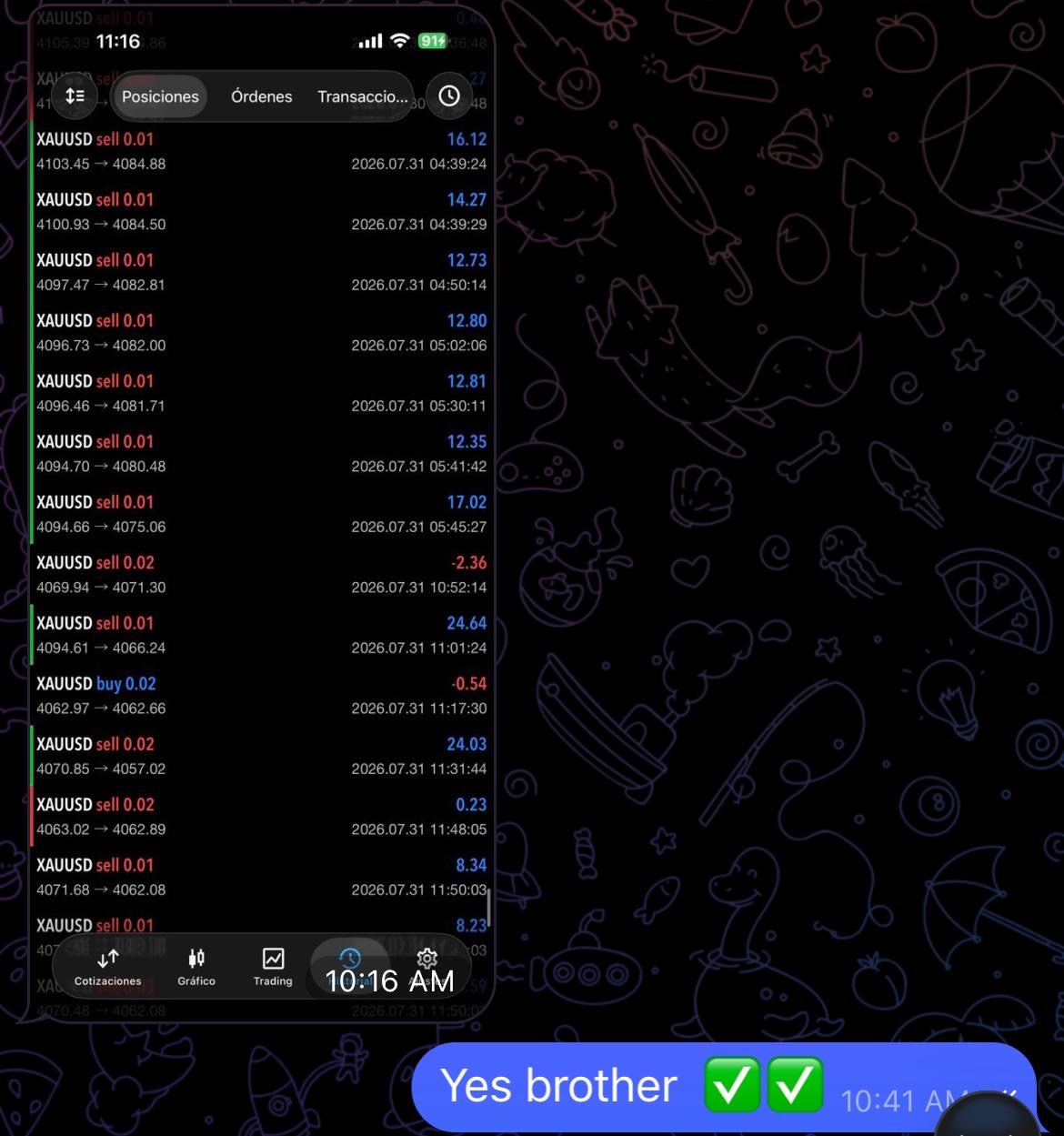 Member MT5 history listing XAUUSD trades taken across a session