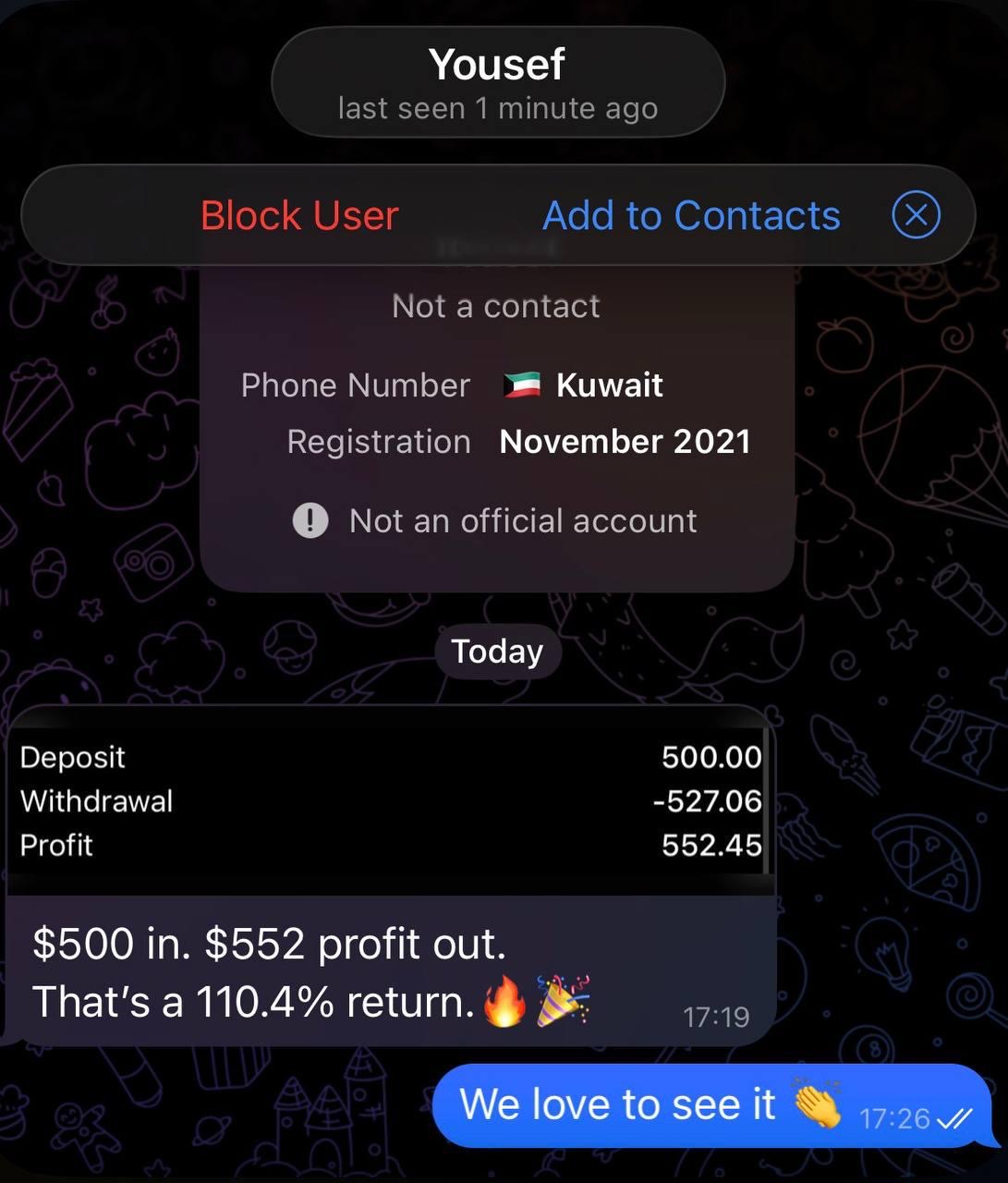 Member account summary showing deposit, withdrawal and profit figures